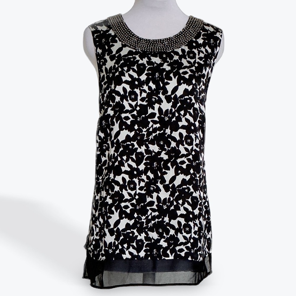 Daniel Rainn Womens Black White Floral Beaded Neck Sleeveless Blouse M D15380PDS